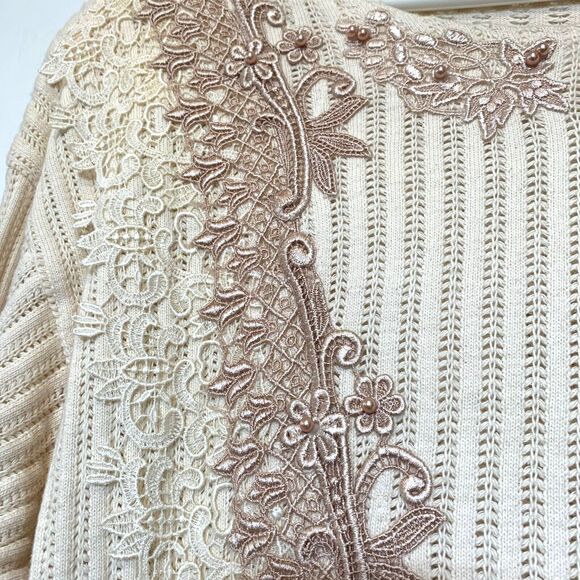 VTG Mexico Beaded Silk Embroidery Lace Adorned Sweater L/XL Cotton Blend 90s - Picture 5 of 8